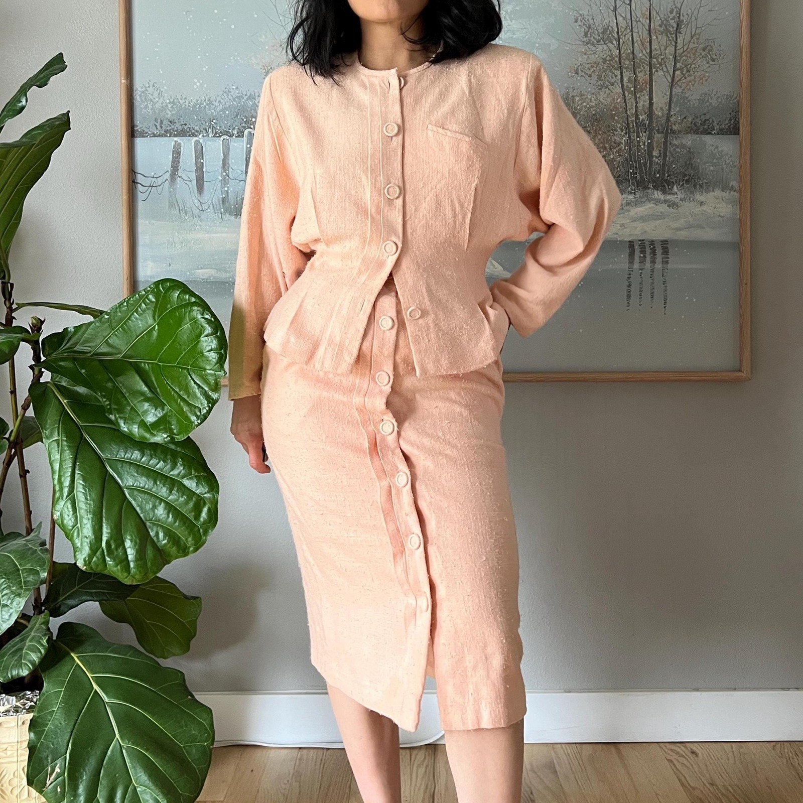 Vintage Silk Skirt Set Carole Little Peach 80s 90s Two Piece Officecore Size 6